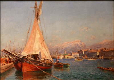 Rote Tartane im Hafen und Kai der Zollstation von Francois Nardi